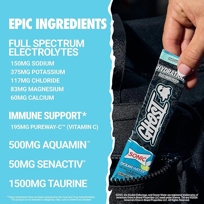 GHOST Hydration Sticks, Electrolyte Powder Packets, Sonic Ocean Water - 24 Sugar Free Instant Electrolyte Drink Mix - Caffeine-Free Daily Hydration & Immune Support with Clean Formula