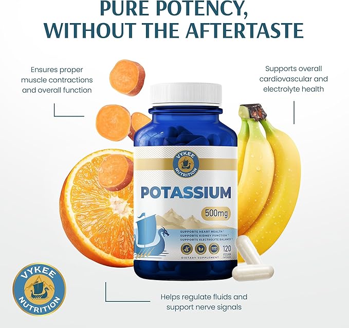 Vykee Nutrition Potassium Citrate Capsules - Supplements for Electrolyte Balance, Muscle & Heart Health - Vegan, Non-GMO, Gluten Free - 500 mg, 120 Count