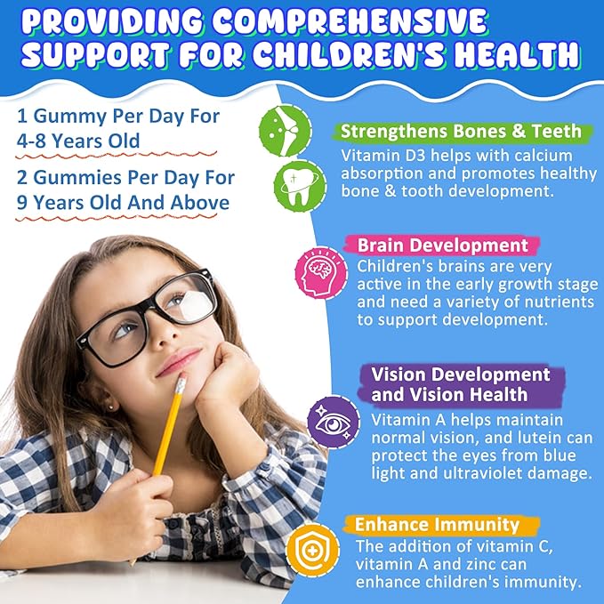 Kids Calcium Gummies + D3 & Magnesium for 4+, with Calcium Citrate Calcium Gluconate, Calcium Lactate,Probiotics & Prebiotics for Children Bone Health,Muscle Support,Digestive Health,Sugar Free 120Cts