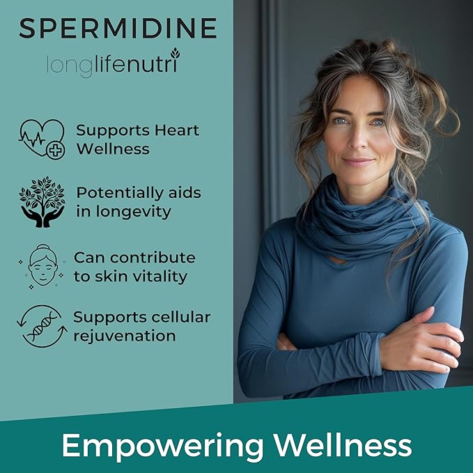 LongLifeNutri Spermidine 20mg, Supports Cellular Health & Brain Function - 180 Count, 2 Serving Size, Vegan Capsules, Wheat Germ Extract, Naturally Support Wellness, Lab Tested, Crafted in USA