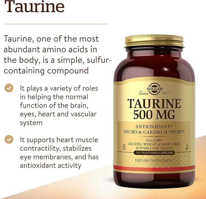 Solgar Taurine 500 mg, 250 Vegetable Capsules - Antioxidant - Brain Health - Amino Acid - Vegan, Gluten Free, Dairy Free, Kosher - 250 Servings