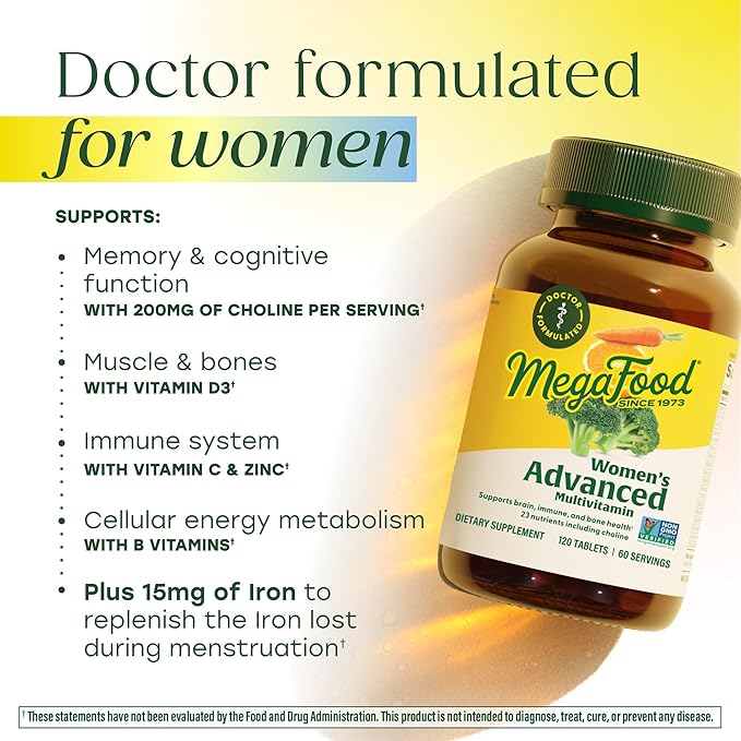 MegaFood Women's Advanced Multivitamin for Women - Doctor-Formulated With Iron, Choline, Vitamin D, Vitamin C & Zinc - Brain Health - Immune Support - Non-GMO - Vegetarian - 120 Tabs (60 Servings)