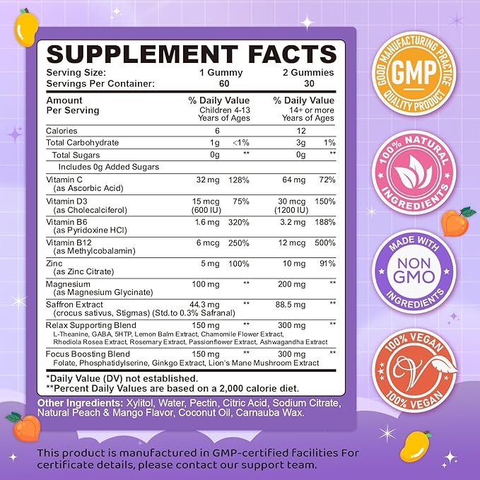 Saffron Gummies for Kids & Adults, 20-in-1 Saffron Supplements with 88.5mg Saffron Extract, B6, B12, C, D3, Magnesium for Calm, Focus, Nerve, Sugar Free, Vegan, Non-GMO, Peach Mango Flavor, 60 Counts
