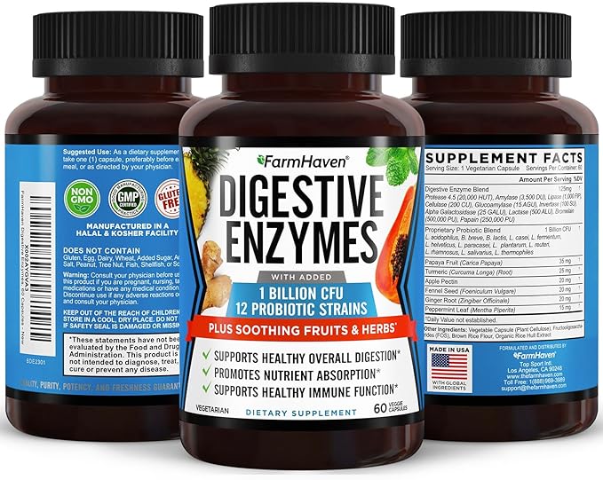 FarmHaven Digestive Enzymes with 18 Probiotics & Herbs | Papaya, Bromelain, Protease & More for Lactose Absorption & Better Digestion | Helps Bloating, Gas, Constipation | Vegetarian, 120 Capsules