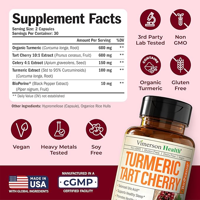 Tart Cherry Capsules – Turmeric Curcumin Supplement with Tart Cherry Extract & Celery Seed Extract – Turmeric Curcumin with Black Pepper for Uric Acid Balance, Joint Health & Sleep Aid - 2 Pack