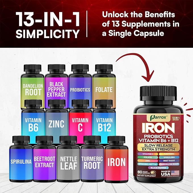 Iron Supplement, Slow Release Iron, Probiotics, Spirulina, Turmeric, Vitamin B6, Methylated B12, Vitamin C, Zinc, Beetroot, Nettle Leaf, Dandelion Root, Black Pepper, Extra Strength, 60 Capsules 3Pack