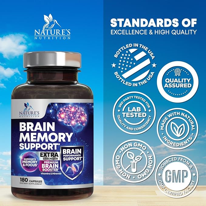 Brain Memory Supplement Pills - 3X Strength Nootropics for Concentration, Clarity & Focus Support - Brain Health Cognitive Vitamins with Bacopa, Phosphatidylserine & DMAE, Brain Booster - 180 Capsules