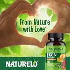 NATURELO Vegan Iron Supplement with Vitamin C and Organic Whole Foods - Gentle Iron Pills for Women & Men with Iron Deficiency Including Pregnancy, Anemia and Vegan Diets - 90 Mini Capsules