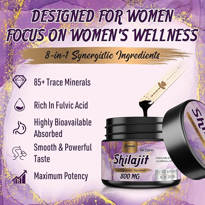 800Mg Shilajit Pure Himalayan Organic, Shilajit Resin Maximum Potency Gold Grade, Shilajit Supplement with 8-in-1 Natural Blend & 85+ Trace Minerals for Women, Energy & Immunity,30 Grams