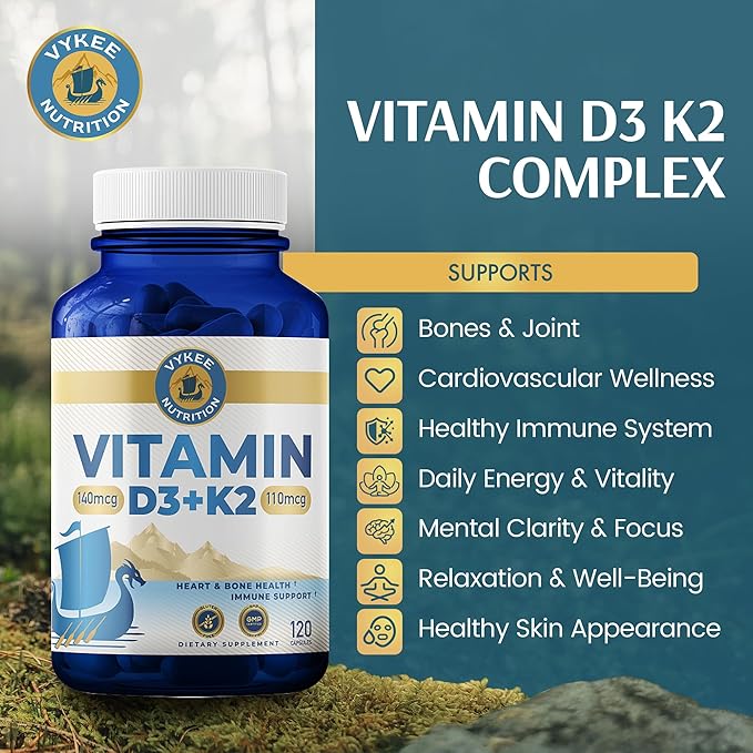 Vykee Nutrition Vitamin D3 K2 Complex - High Potency 140 mcg D3 Vitamin and 110mcg Vitamin K2 (MK-7) - Vegan Supplement for Bone and Heart Support, Non-GMO, Gluten-Free - 120 Count