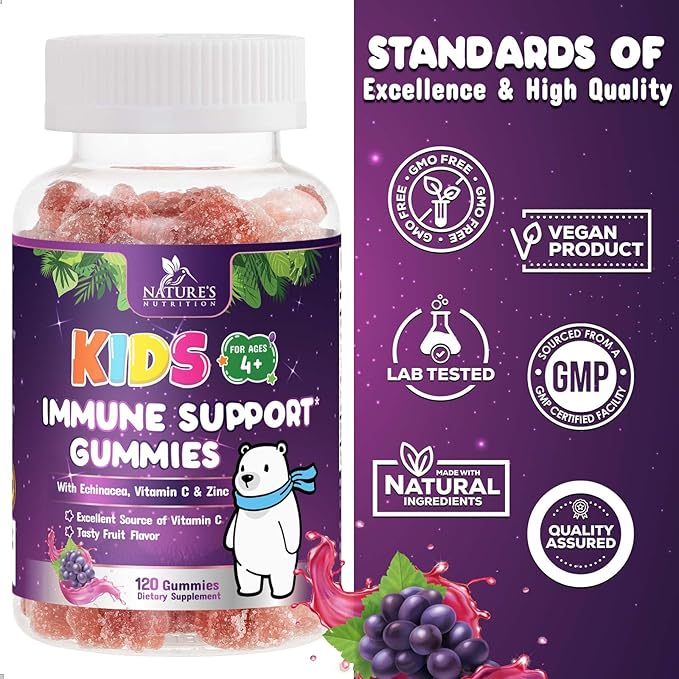 Kids Immune Support Gummies - Vitamin C, Zinc & Echinacea Children's Daily Immune Health Support Gummy Supplement for Ages 4 and Up, Natures Kid's Vitamin C Gluten-Free & Non-GMO, Vegan - 120 Gummies