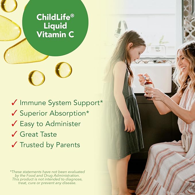 CHILDLIFE ESSENTIALS Liquid Vitamin C - Pure Vitamin C Liquid Supplement for Kids, Immune System Support, Natural Orange Flavor, 4 Fl Oz (Pack of 2)