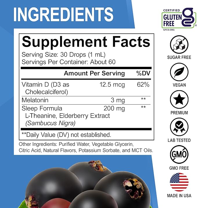 Liquid Melatonin Kids Sleep Aid - Sleep Magic Kids Melatonin Liquid 3mg Berry Drops, D3, L Theanine - Children's Sleeping Aids, Natural Calm L-Theanine Supplement, Toddler Travel Essentials 2 Fl Oz