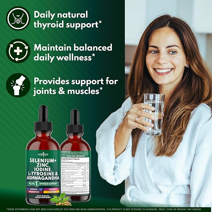 Thyroid Support Drops - Selenium, Zinc, Iodine, L Tyrosine, Ashwagandha, Turmeric, Schisandra Guggu, Cayenne, Basil - Liquid Supplement Folate Copper Alcohol -Free, Vegan, Non-GMO – 8 oz