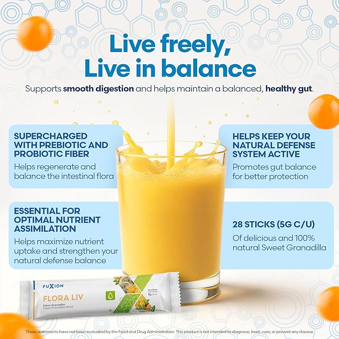 FuXion Flora Liv | Probiotic Drink | Probiotics for Women and for Men | Gut Health | Helps Mantain Balance of the Instestinal Flora | Lactobacillus and Bifidobacterium | Sweet Granadilla Flavor | 28u