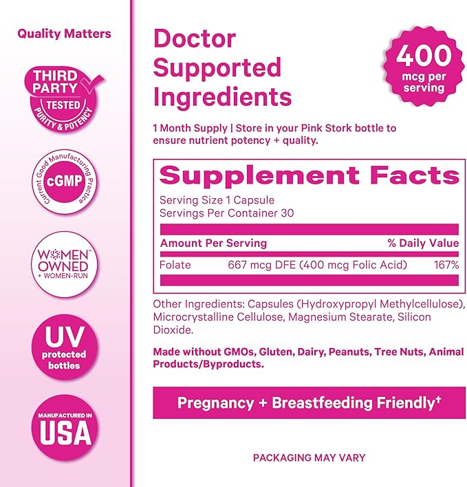 Pink Stork Folic Acid Supplement for Women – 400mcg, Daily Vitamin B9 for Prenatal & Fertility Support, Supports Red Blood Cell Formation & Energy – 30 Vegetarian Capsules