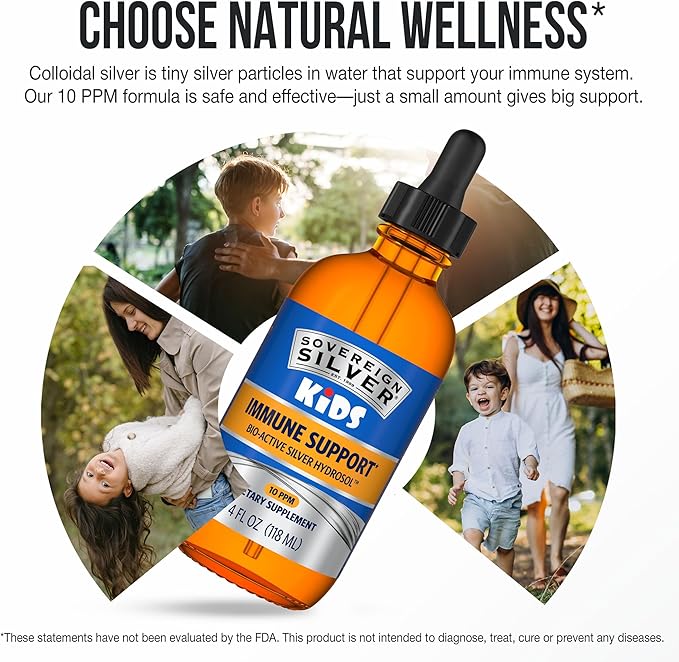 Sovereign Silver Kids Immune Support - Colloidal Silver, Bio-Active Silver Hydrosol, 10 ppm, Liquid Dropper, 4 Fl Oz, (118 mL)