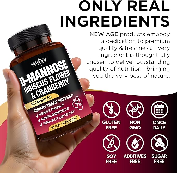 NEW AGE D-Mannose with Cranberry & Hibiscus - High Strength for Urinary Tract Health - Supplement for Women - Bladder, Liver & Microflora Support - Made in USA - Vegan, 60 Capsules