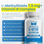 L-Methylfolate 7.5mg + Vitamin B Complex - 5-MTHF, B6 & B12 Methylcobalamin - 60 Capsules - Professional Strength Active Methyl Folate - Non GMO, Gluten Free, No Fillers (2-Month Supply)