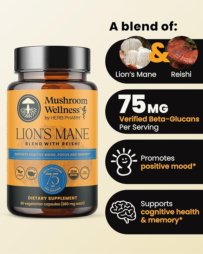 Mushroom Wellness Lion’s Mane Blend with Reishi: Organic Lion's Mane & Reishi Mushroom Capsules, Mushroom Powder Supplement, Supports Cognitive Health, Memory, and Mental Focus, 90 Vegan Capsules