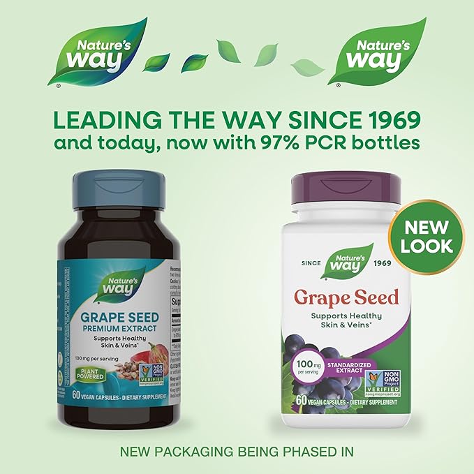 Nature's Way Grape Seed Standardized Extract, Supports Healthy Skin and Veins*, Antioxidant Support*, Non-GMO Project Verified, 60 Vegan Capsules (Packaging May Vary)