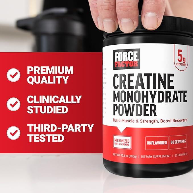 Force Factor Creatine Monohydrate Powder, 5g Micronized Dose to Support Muscle Growth, Strength, Recovery, Cognitive Health & Memory, Unflavored, 60 Servings