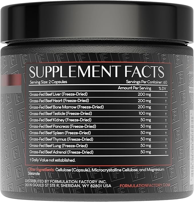 Formulation Factory Primal Power 10-in-1 Grass-Fed Organ Supplement with Beef Liver, Heart, Marrow, Testicle, Kidney, Supports Vitality, Hormones, Energy, Immunity (6 Month Supply, 360 Capsules)