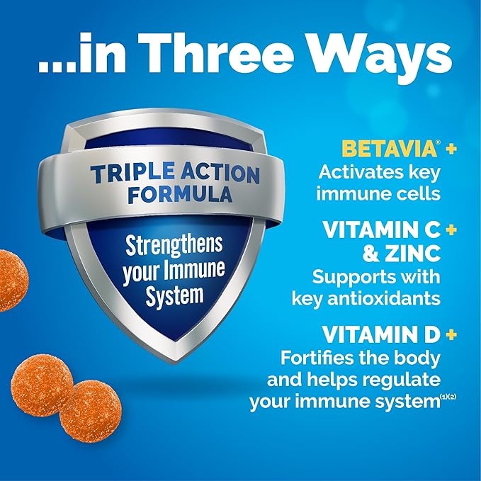Emergen-C Immune+ Triple Action Immune Support Gummies, BetaVia (R), 1000mg Vitamin C, B Vitamins, Vitamin D and Antioxidants, Super Orange, Back to School Essentials - 45 Count