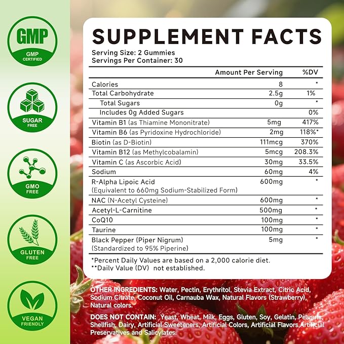 R Alpha Lipoic Acid 600mg Gummies, Stabilized R-Alpha Lipoic Acid, ALA Supplement for Nerve Health, Antioxidant & Metabolism Support- Vegan, Non-GMO, Gluten Free, Strawberry Flavor - 60 Count