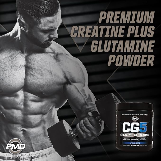 PMD Sports CG5 Premium Creatine & L Glutamine Powder, Power Recovery, Build Lean Muscle, Increase Workout Performance, Maximum Strength Pre Workout & Post Workout, Unflavored, 30 Servings