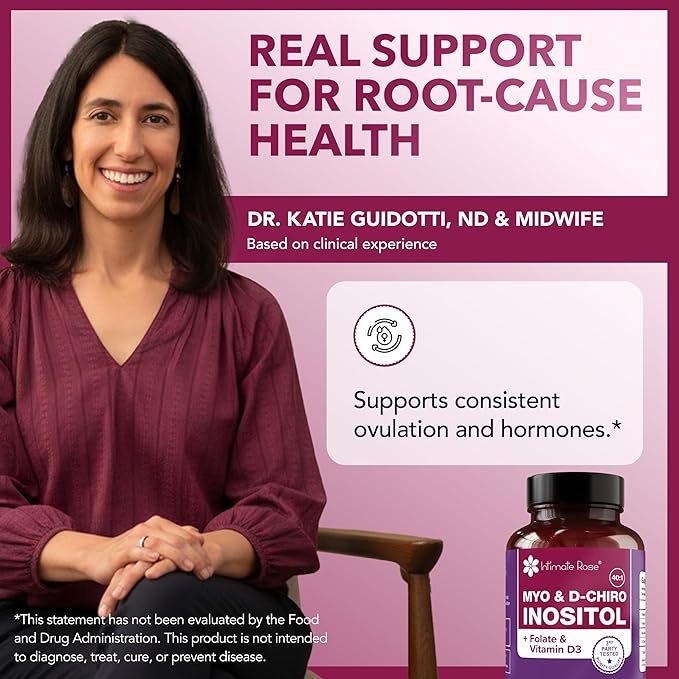 Intimate Rose Myo-Inositol & D-Chiro Inositol Supplement with Folate and Vitamin D - Support Hormonal Balance, Regular Cycles and Ovarian Health - 30-Day Supply - 40:1 Ratio Capsules