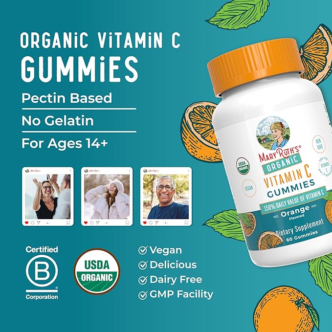 MARYRUTH'S Adult Vitamin C Gummies | USDA Organic | Vegan Chewable Vitamin C Gummies for Ages 14+ | for Immune Support & Overall Wellness | Vegan | Non-GMO | Orange Flavor | 60 Count