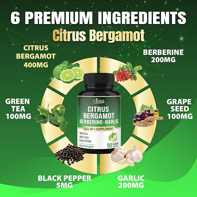 Cadane Citrus Bergamot Supplement with Berberine, Garlic, Green Tea, Grape Seed & Black Pepper | Wellness & Vitality Support | Vegan, Non-GMO – 90 Capsules – 45-Day Supply