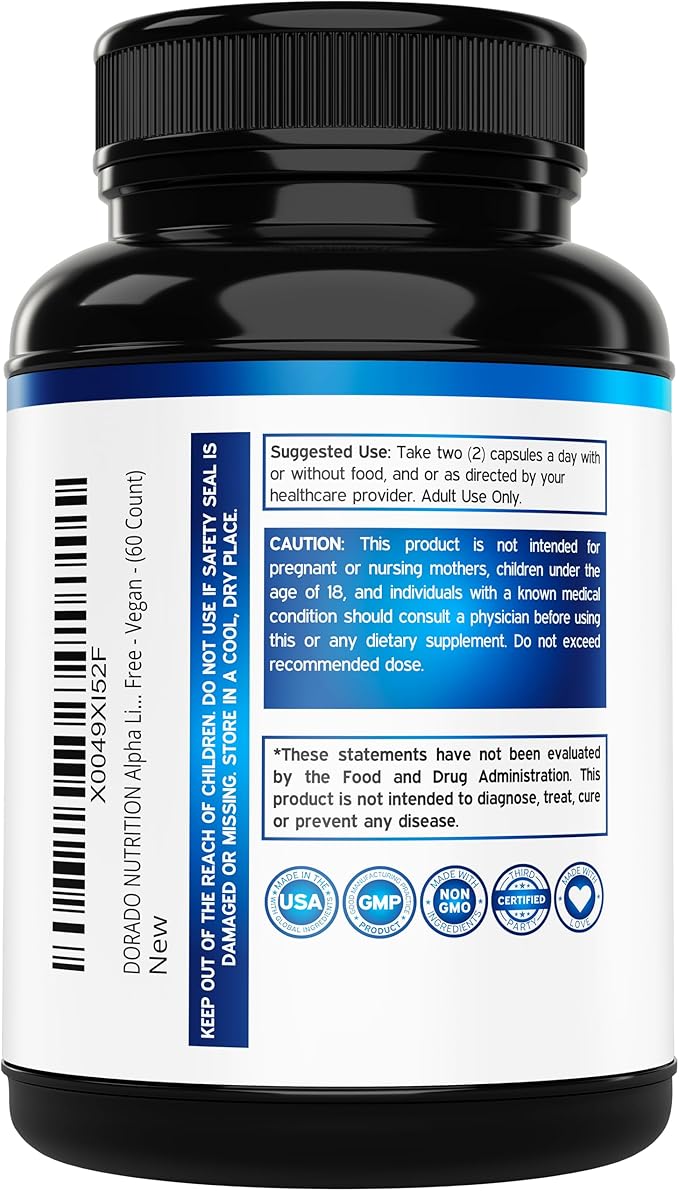 Alpha Lipoic Acid 600mg per Serving 60 Capsules - Potent Antioxidant for Neuropathy and Cardiovascular Health (ALA Supplement) - Third Party Tested, Non-GMO, Gluten Free, Vegan & USA Made