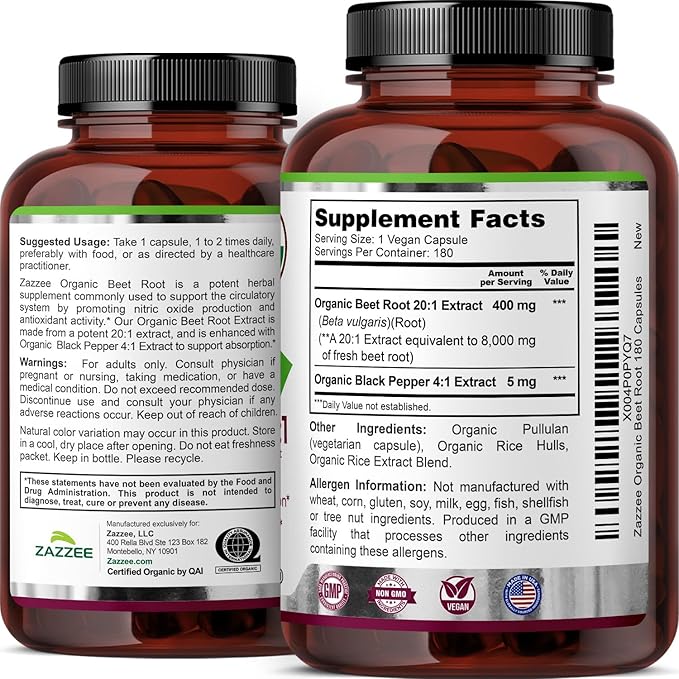 Zazzee USDA Organic Beet Root 20:1 Extract, 180 Vegan Quick Release Capsules, 6 Month Supply, Nitric Oxide Support, Black Pepper Extract for Enhanced Absorption, Certified Kosher, Non-GMO, Made in USA