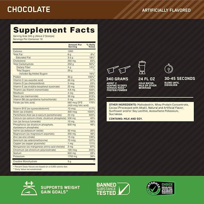 Optimum Nutrition Serious Mass, Weight Gainer Protein Powder, Mass Gainer, Vitamin C and Zinc for Immune Support, Creatine, Chocolate, 12 Pound (Packaging May Vary) (Pack of 2)
