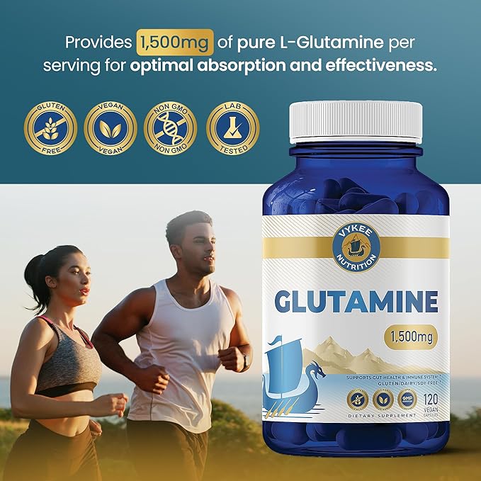 Vykee Nutrition L-Glutamine Capsules - Supplements for Muscle Recovery, Gut Health and Immune Support - Vegan, Non-GMO, Gluten-Free - 1500 mg, 120 Count