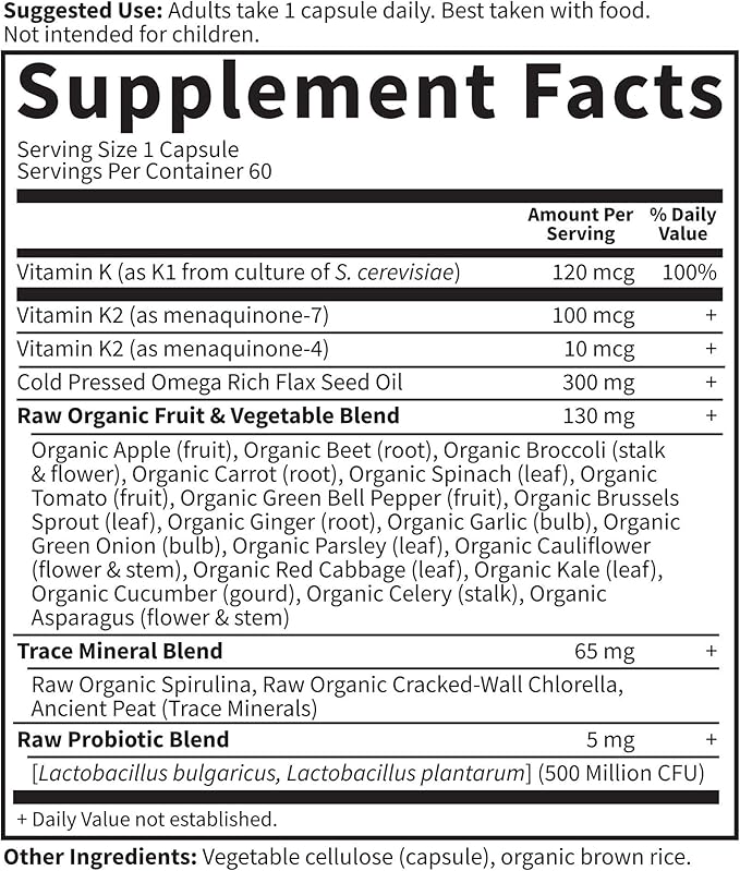 Garden of Life Vitamin K2 and K1, Vitamin Code Vegan K Complex Vitamin for Bone Strength and Heart Health, Omega Rich Flax Seed Oil, Trace Minerals, Probiotics, 60 Day Supply