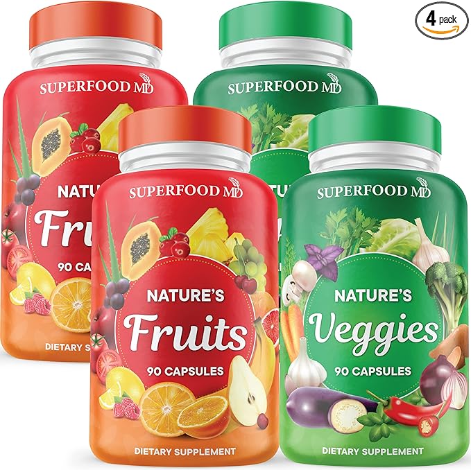 Superfood 180 Fruit and 180 Veggie Capsules - Whole Food Natural Superfoods - Maintain Energy Levels, with Beta Carotene - Soy Free (90 Count (Pack of 4)