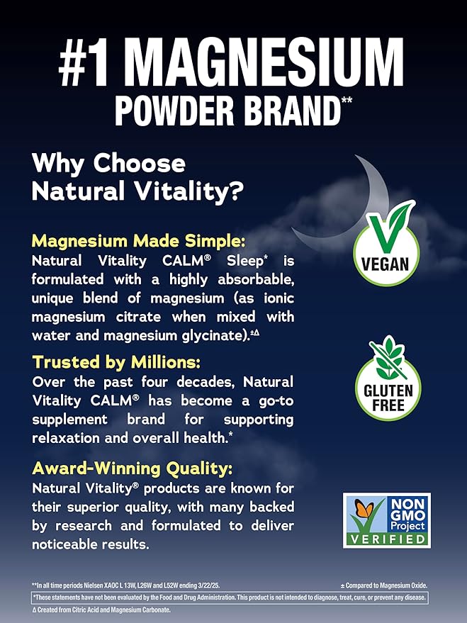Natural Vitality Calm Sleep Melatonin and Magnesium 16oz Powder | With L-Theanine and GABA | Mixed Berry Flavred Drink Mix | Non-GMO & Vegan Supplement