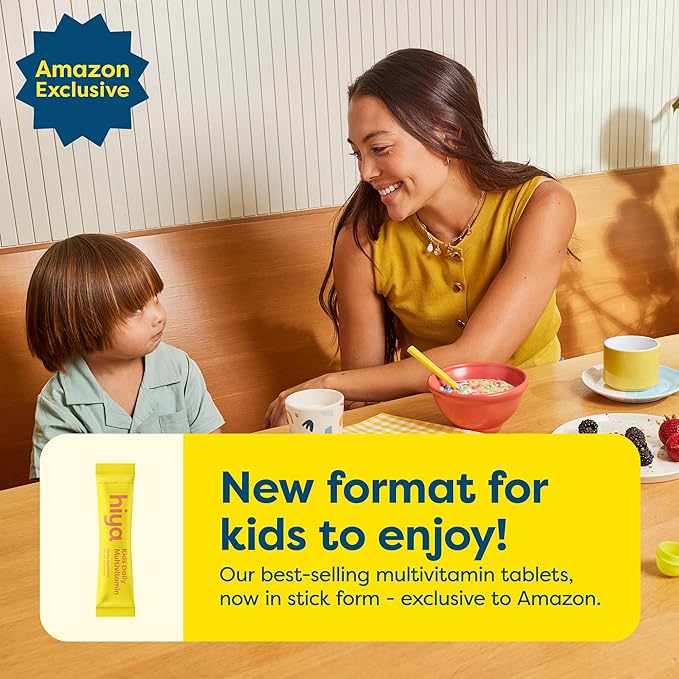Hiya Kids Multivitamin – 15+ Essential Vitamins & Minerals with Fruits & Veggies for Ages 2+, Supports Growth, Development & Immune, 0g Sugar – 20 Stick Packs for Toddlers & Kids
