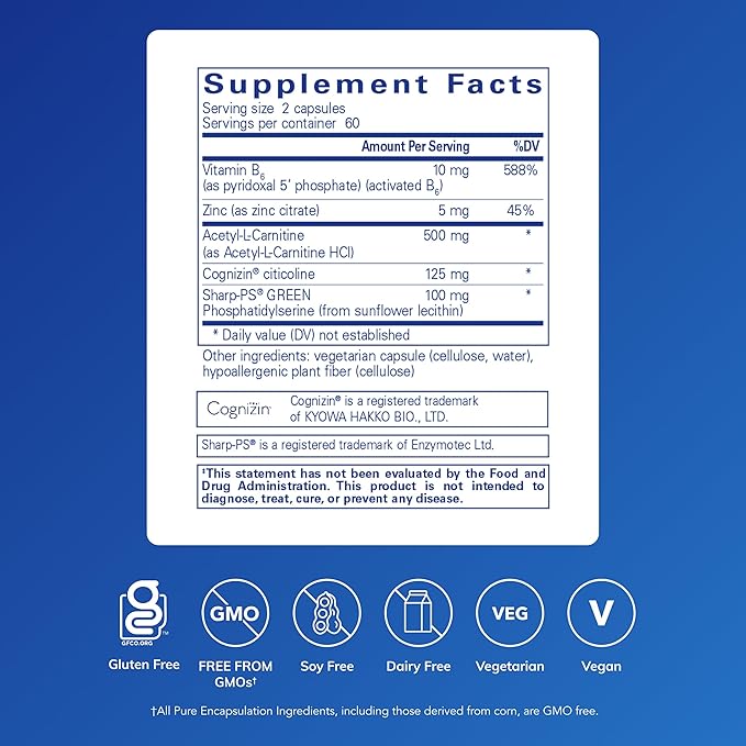 Pure Encapsulations CogniPhos - Acetyl-L-Carnitine Supplement with Cognizin Citicoline & Phosphatidylserine - Supports Memory & Positive Mindset - Vitamin B6 & Zinc - Gluten-Free - 120 Capsules