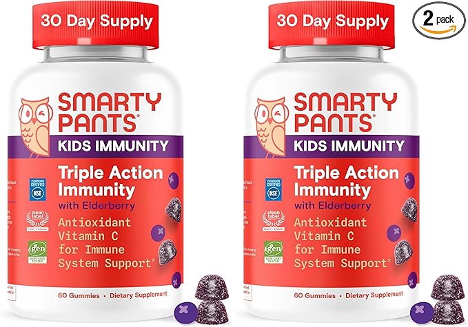 SmartyPants Kids Immunity Elderberry Gummies: Kids Immune Support Supplement, Vitamin C, Vitamin D, Vitamins B6 & B12 and Zinc, Gluten Free, Elderberry Flavor, 60 Count (30 Day Supply) (Pack of 2)