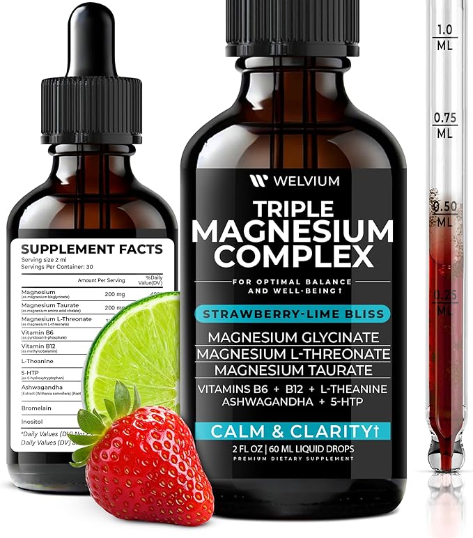 Triple Magnesium Complex Liquid Drops - Magnesium Glycinate Supplement with L-Threonate, Taurate - Ashwagandha, L-Theanine, 5-HTP, Vitamins B6, B12, Bromelain, Inositol for Mineral Balance
