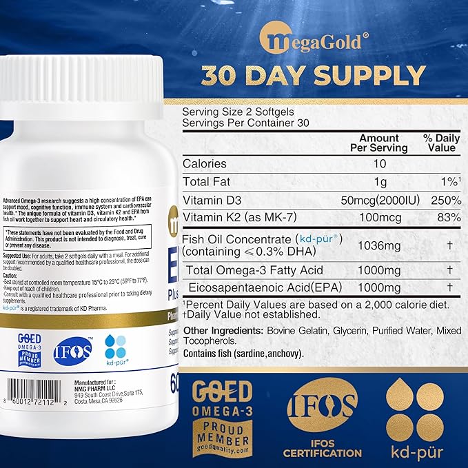 Pro Fish Oil EPA 1000mg Omega 3 with Vitamins D3 & K2 - Omega 3 Fatty Acid Supplements, Burpless Fish Oil Capsules for Men and Women - 60 Count Mini Softgels