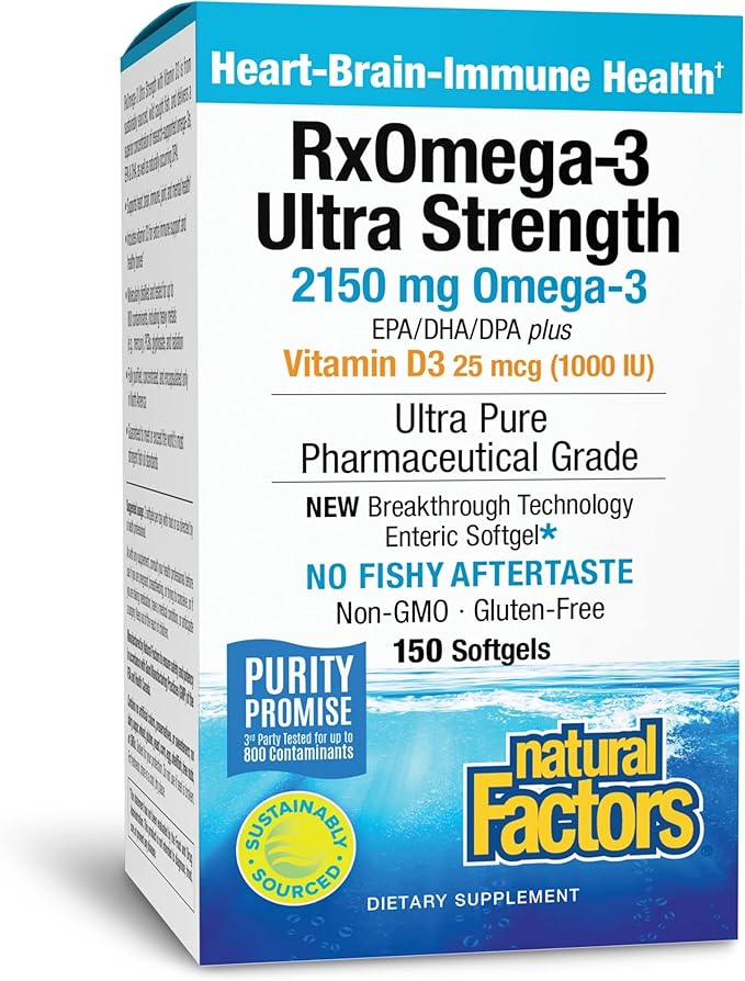 Natural Factors RxOmega-3 Ultra Strength - Brain & Heart Health Support - Eye Health Supplement with EPA & DHA - Supplement with Omega-3 Fatty Acids & Vitamin D3-150 Softgels (75 Servings)
