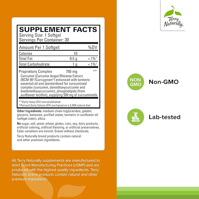 Terry Naturally CuraMed 750mg - Antioxidant Supplement for Brain & Heart Health Support - Dietary Supplement with High-Potency Curcumin Complex - Kidney, Liver & Immune Health Support - 30 Softgels