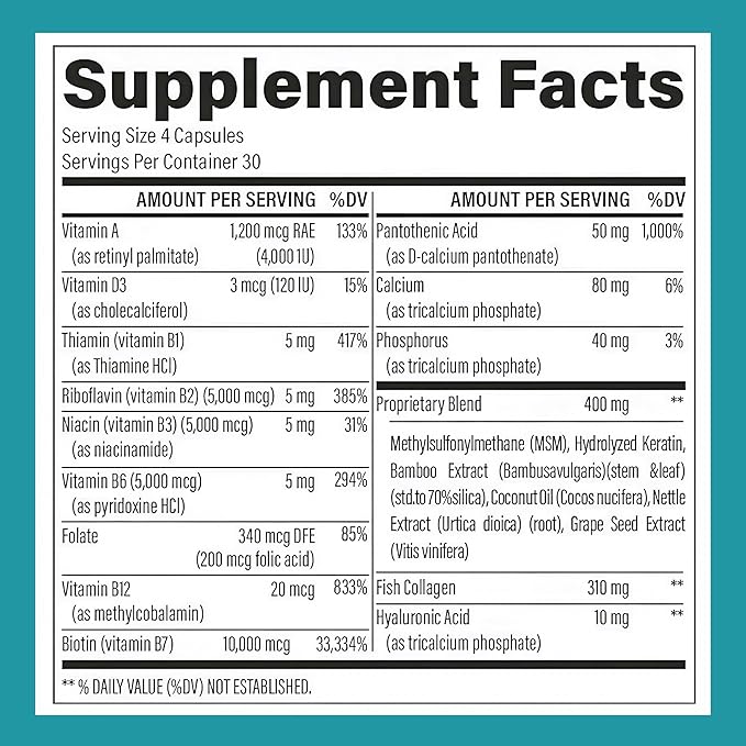 Biotin 10,000 Mcg Hair Growth Vitamins for Women – Keratin, Collagen, Msm, Bamboo Silica, Hyaluronic Acid & Vitamin B Complex – Hair Loss & Thinning Hair Support – Hair Skin and Nails – 120 Capsules