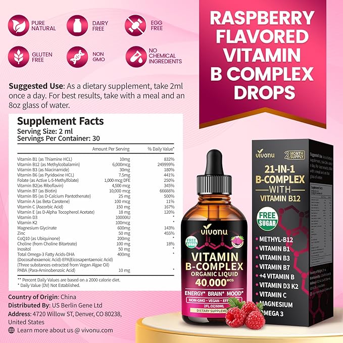 VivoNu Vitamin B Complex Liquid Drops, Methylated Vitamin B12 6000 mcg, B1, B6, B3, B5, B2, Folate, Biotin with Vitamin C D A E, Magnesium, Zinc, CoQ10 for Energy (3 Bottle)