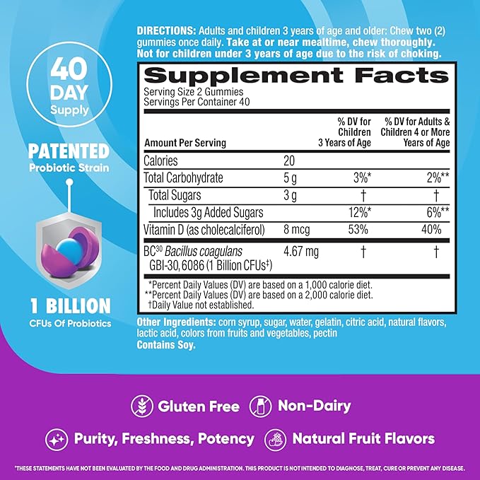 Digestive Advantage Probiotic Gummies For Digestive Health, Vitamin D, Daily Probiotics For Women &Men Occasional Bloating, Minor Abdominal Discomfort & Gut Health, 80ct Natural Fruit Flavors